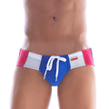 MetroMaleWear French swim brief 4935-30 with blue pink and white striped swim trunks and drawstring waistband