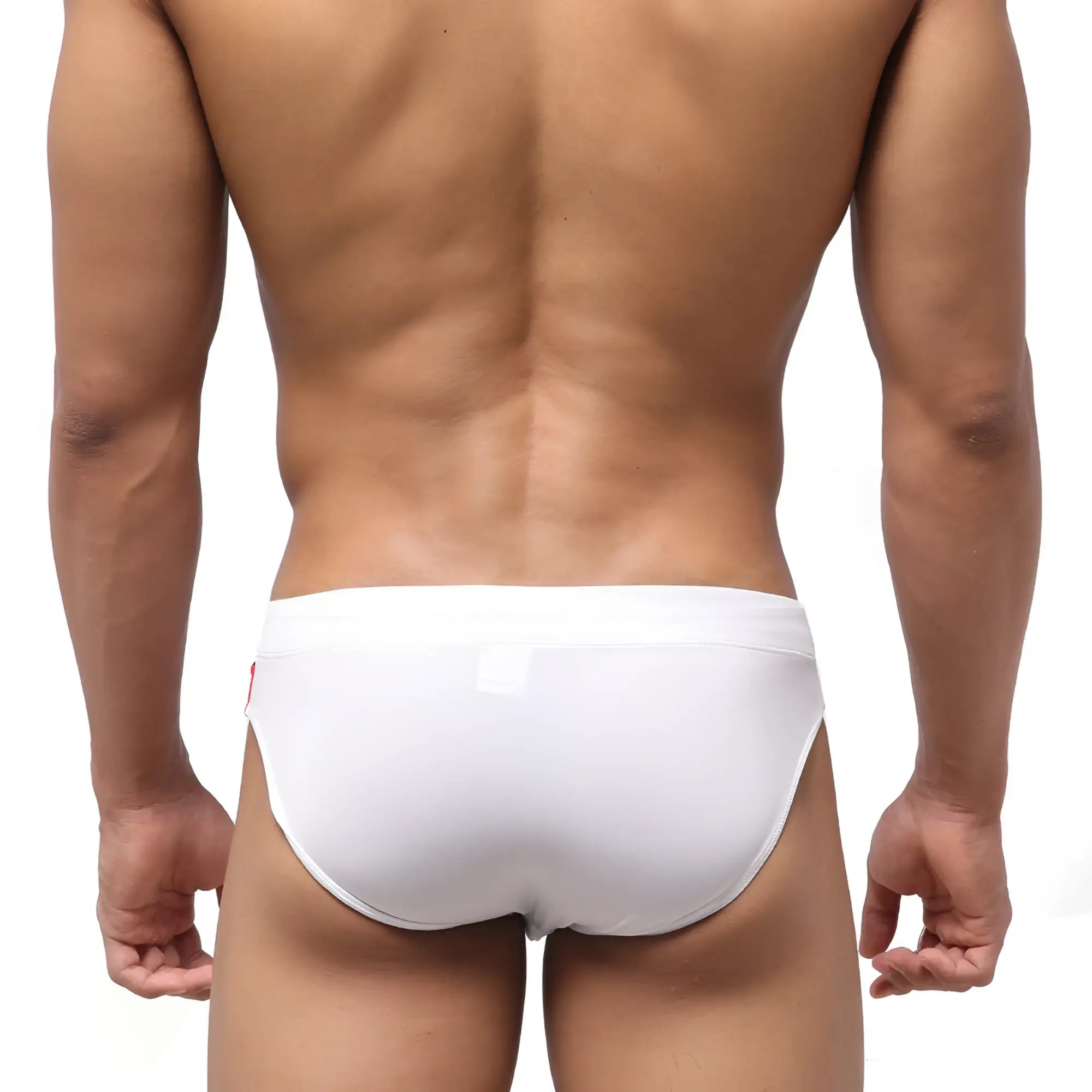 White metroMalewear french swim brief with smooth form-fitting design and small red logo on left side