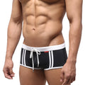 MetroMaleWear fresco swim trunk black with white stripes and matching drawstring waistband for beachwear