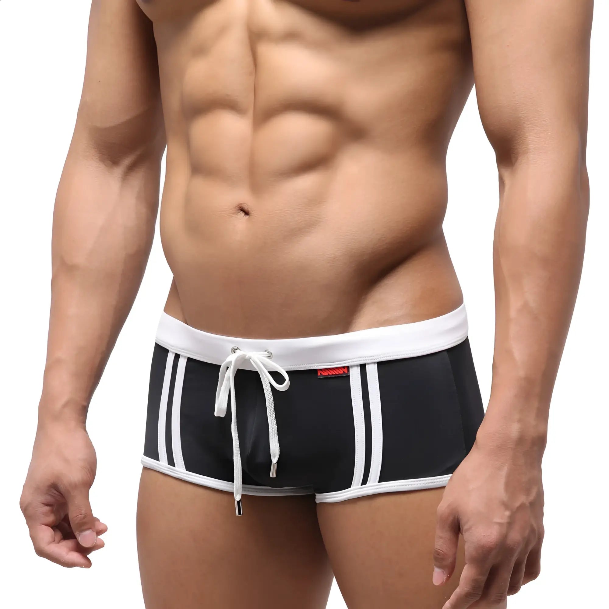 MetroMaleWear fresco swim trunk black with white stripes and matching drawstring waistband for beachwear