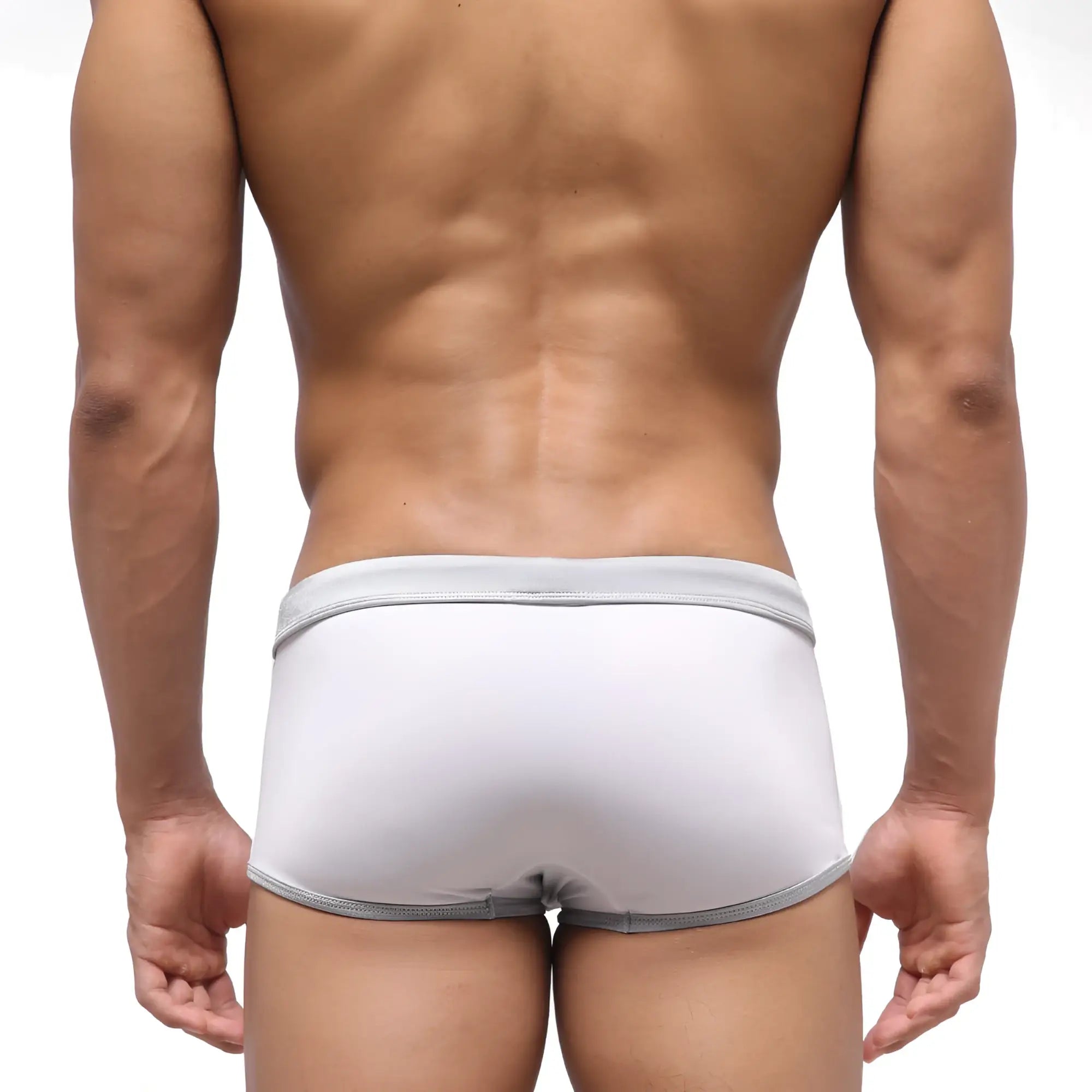 White briefs with subtle gray trim on waistband and legs from metromalewear fresco swim trunk crystal 4944-00 collection