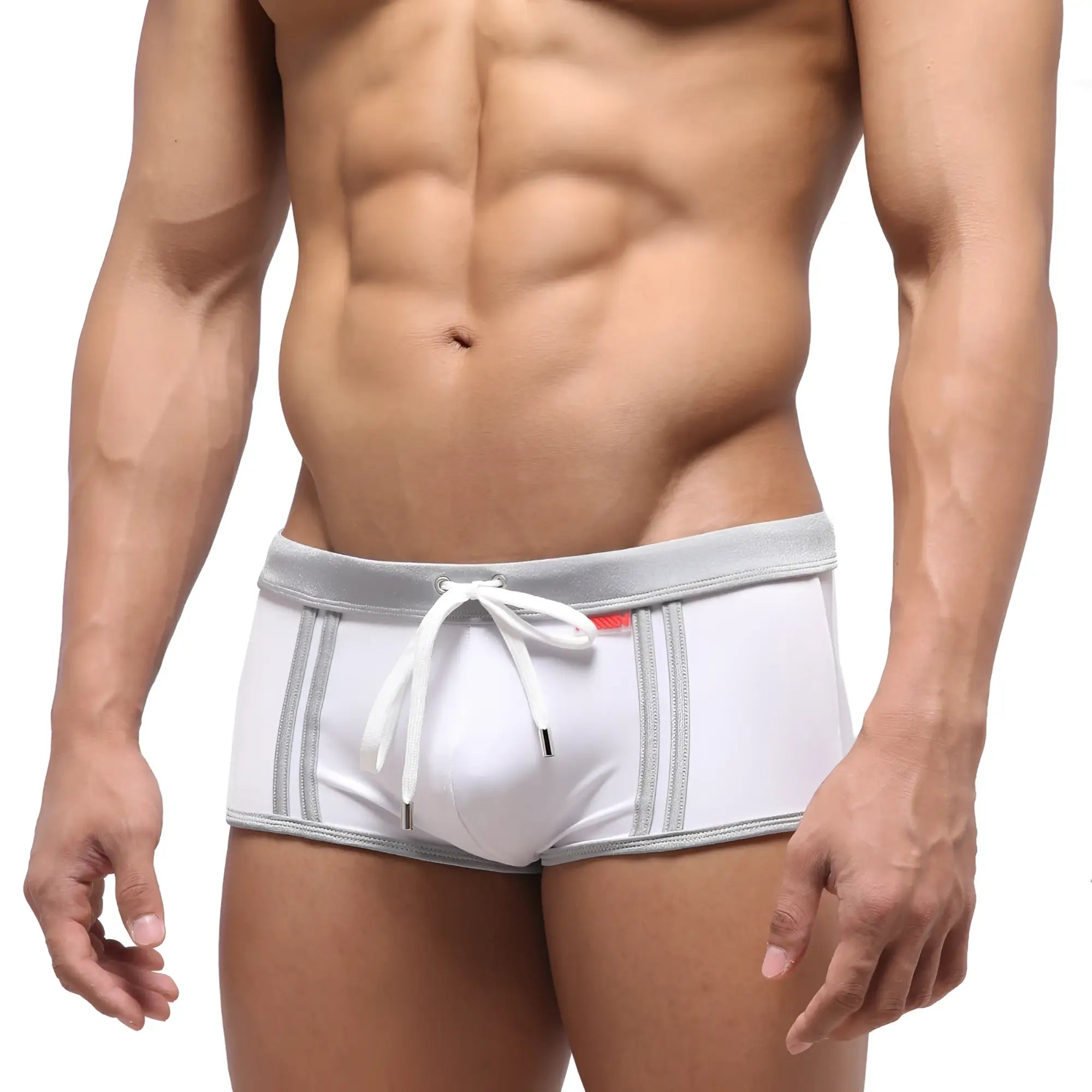 MetroMaleWear fresco swim trunk crystal 4944-00 white swim trunks with gray trim and white drawstring for men