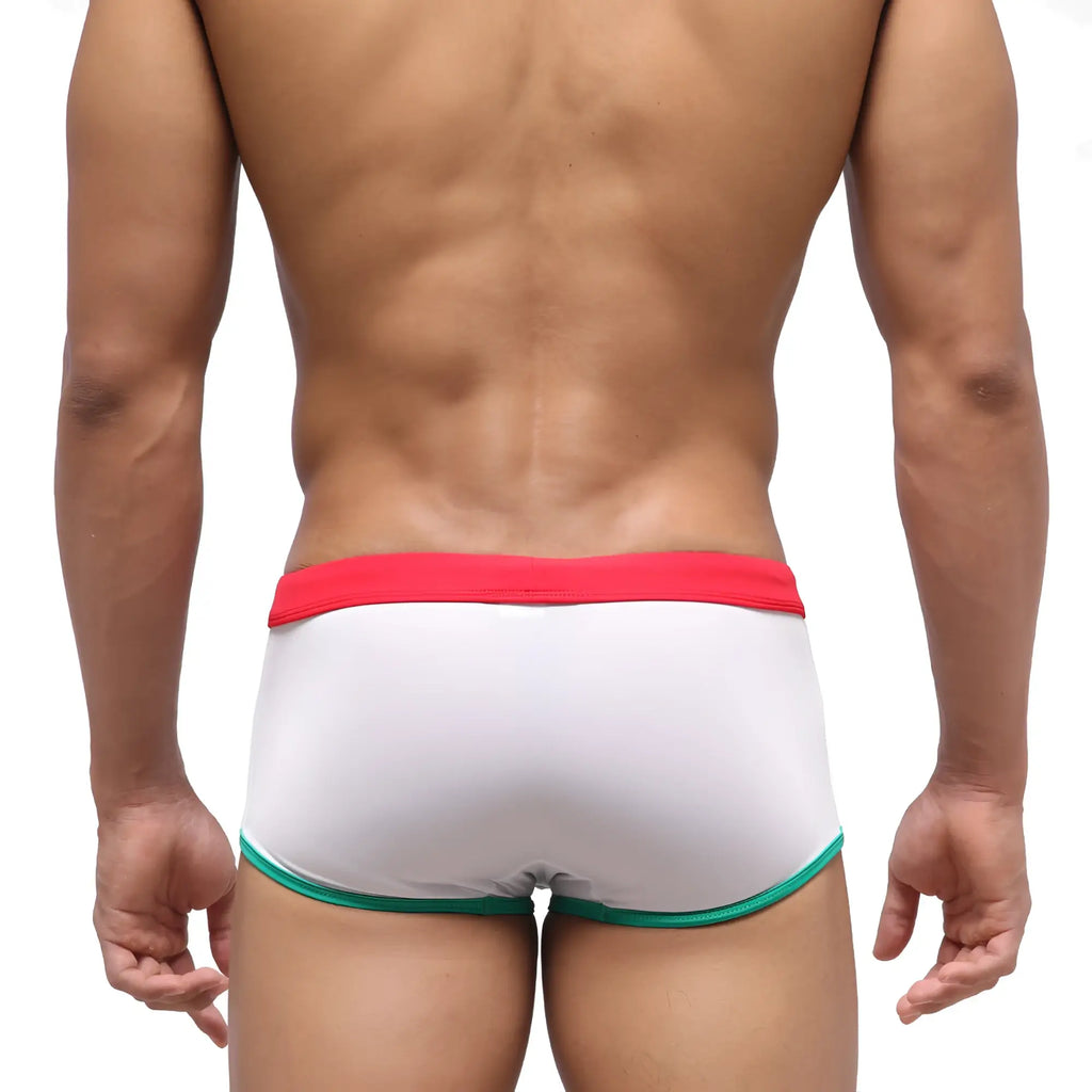 White briefs metroMalewear fresco swim trunk with red waistband and green trim for swimwear use