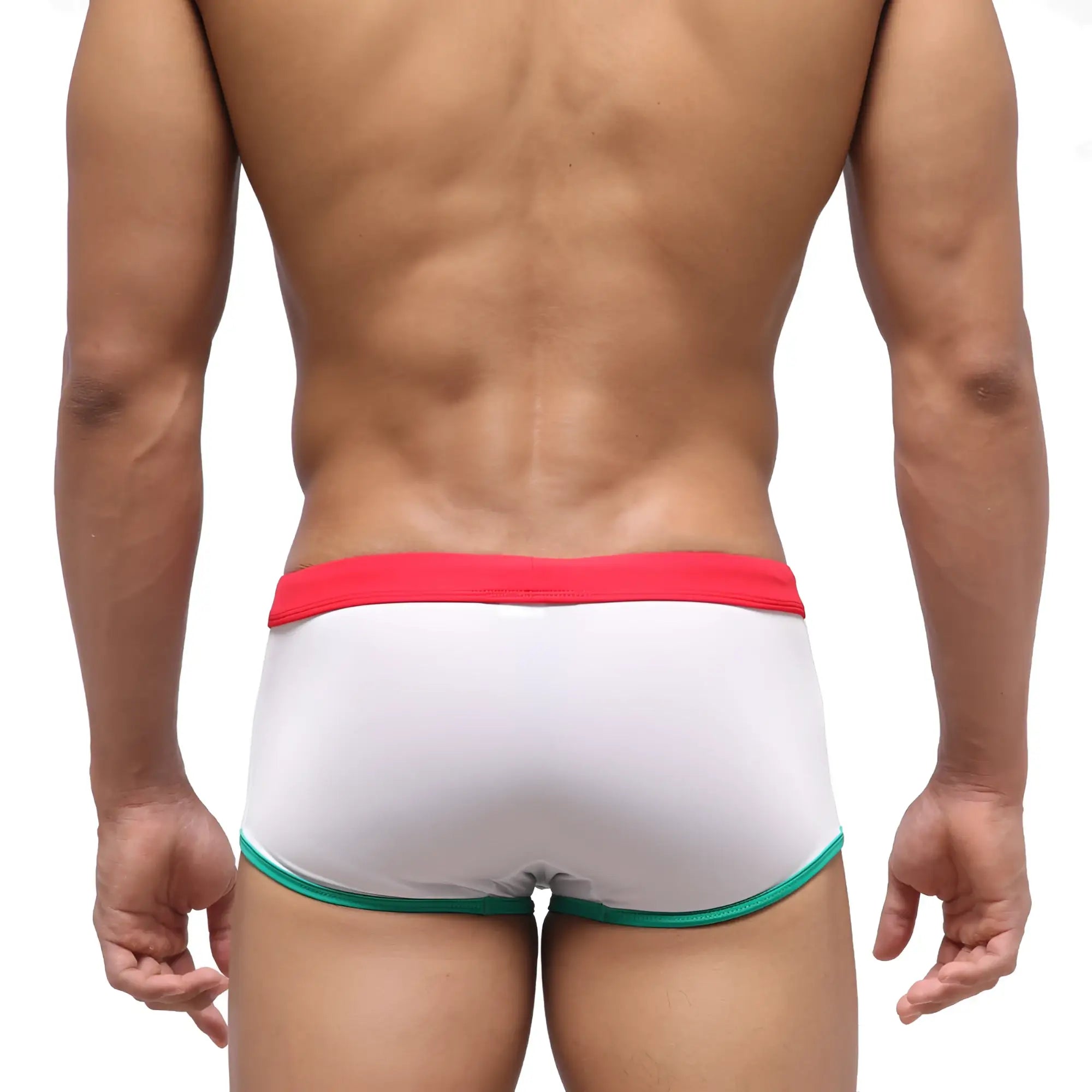 White briefs metroMalewear fresco swim trunk with red waistband and green trim for swimwear use