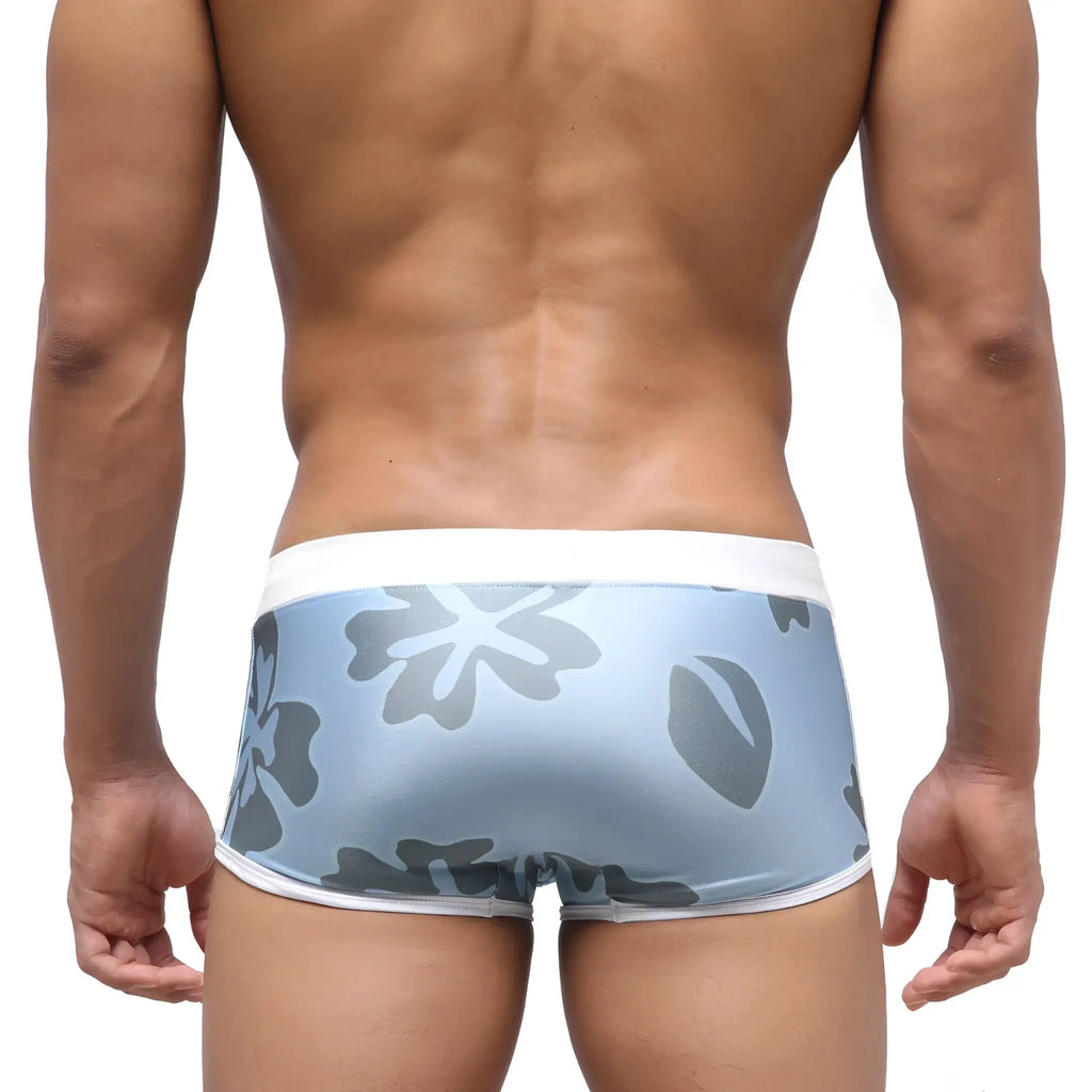 MetroMaleWear Fresco swim trunk natural 4944-52 light blue briefs with gray floral pattern and white trim front view