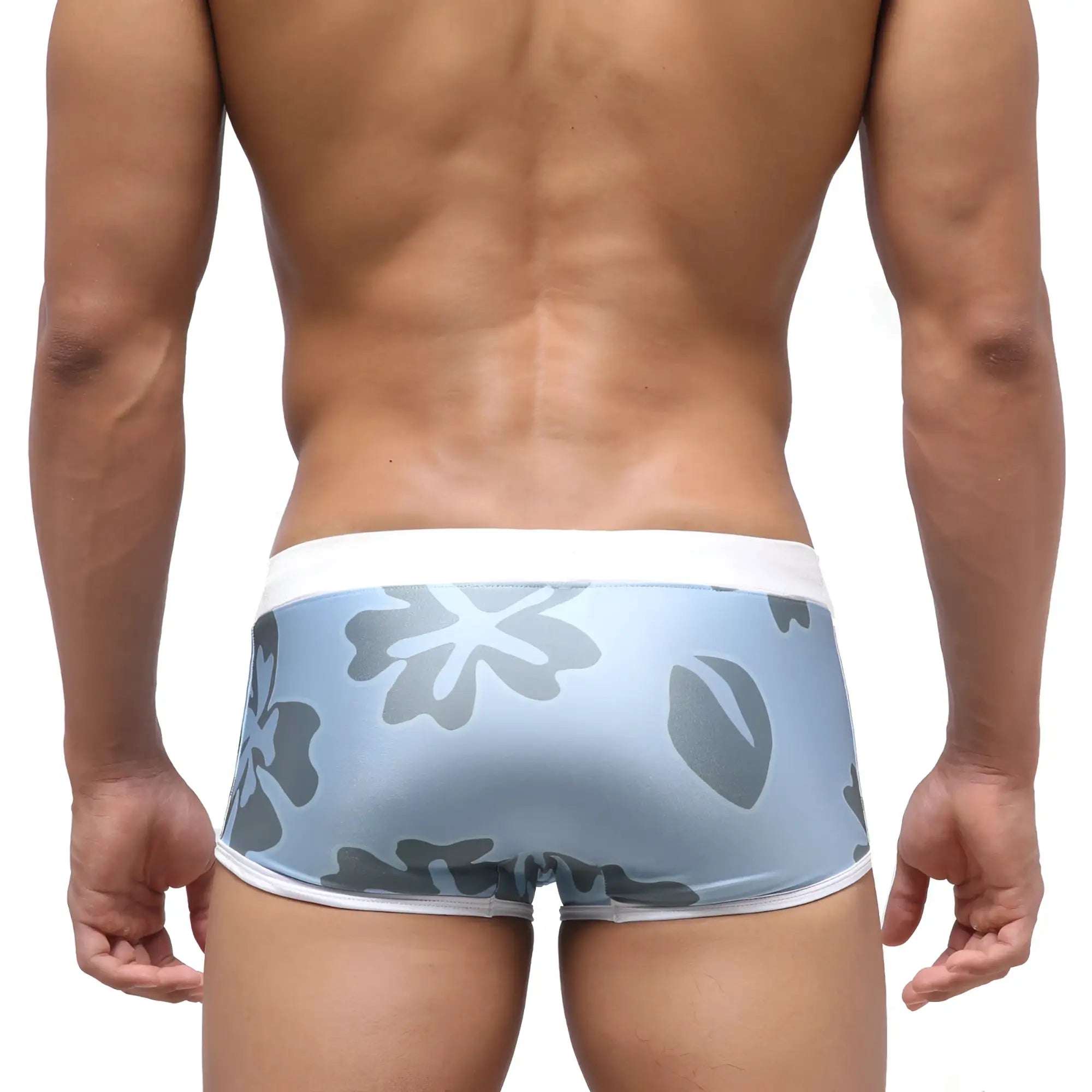 MetroMaleWear Fresco swim trunk natural 4944-52 light blue briefs with gray floral pattern and white trim front view