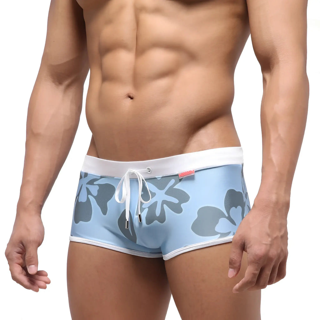 MetroMaleWear Fresco swim trunk natural 4944-52 light blue with gray floral pattern and white trim with drawstring waist