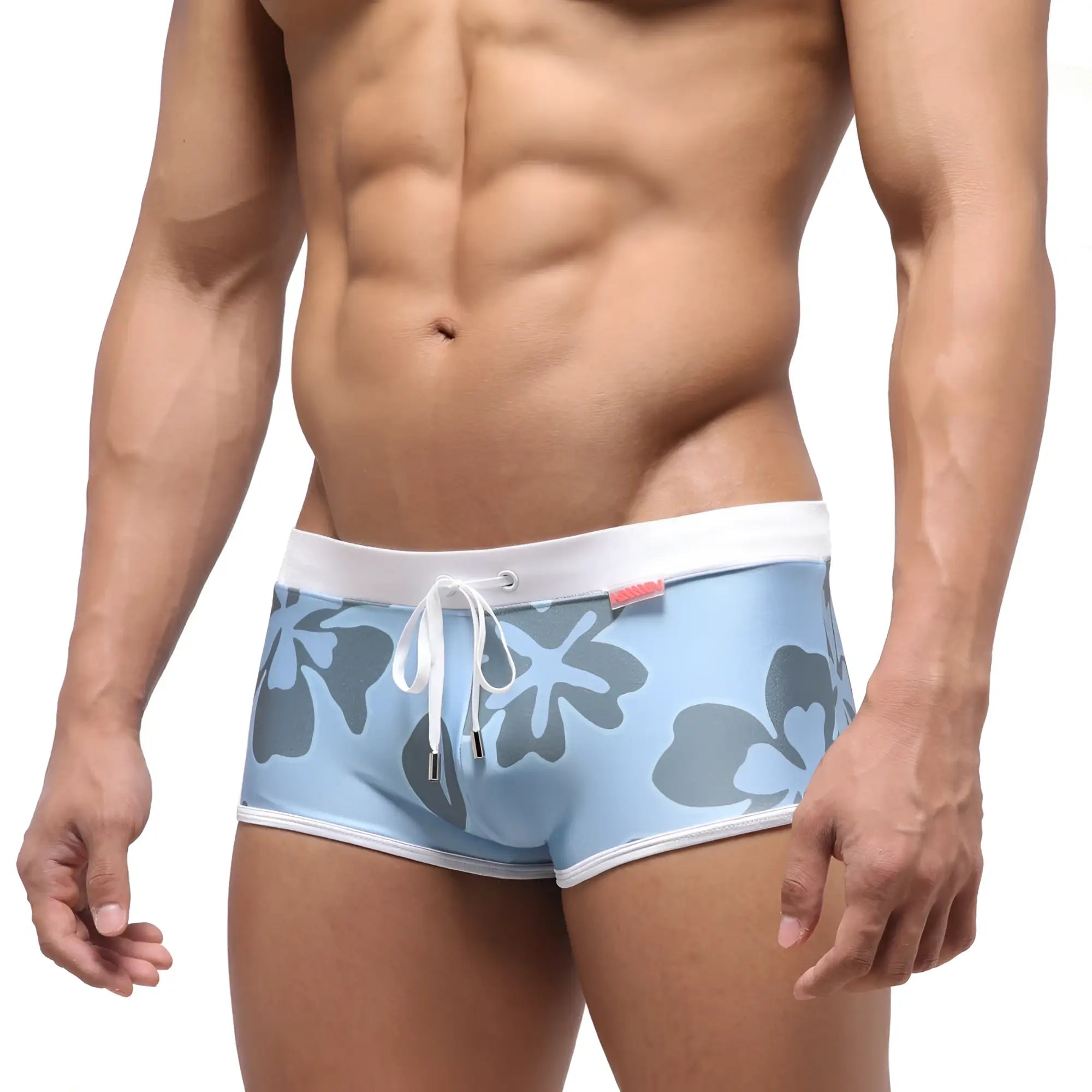 MetroMaleWear Fresco swim trunk natural 4944-52 light blue with gray floral pattern and white trim with drawstring waist