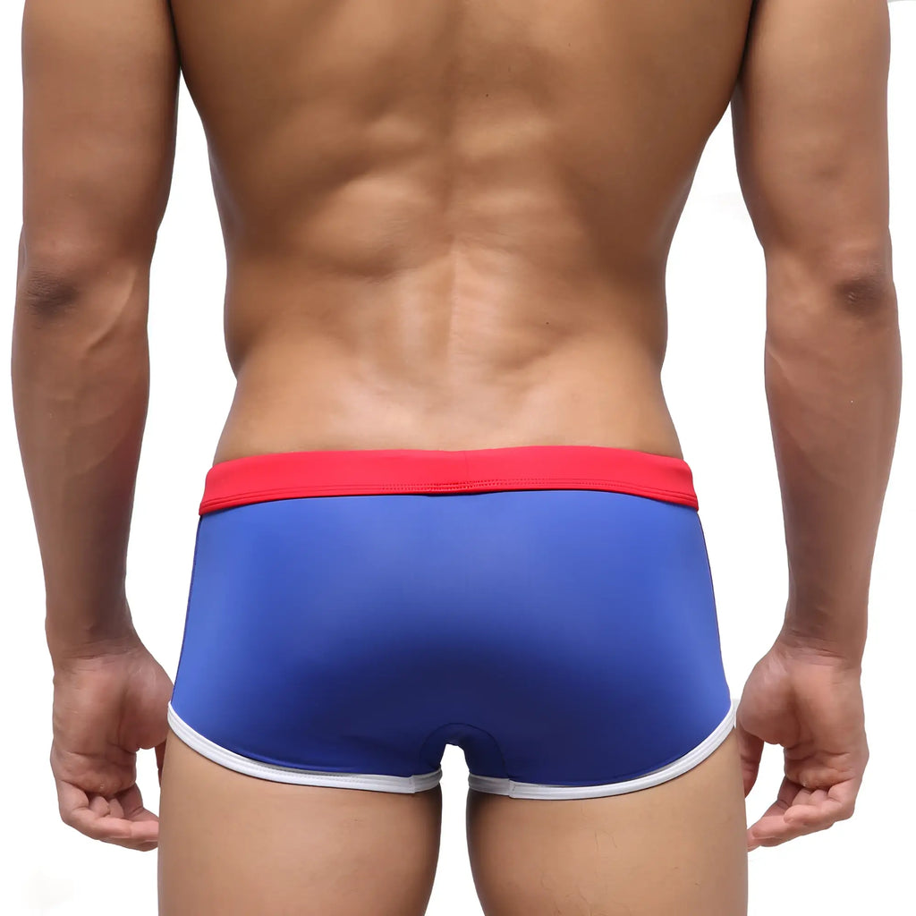 MetroMaleWear Fresco swim trunk royal blue with red waistband and white trim designed for comfortable beachwear