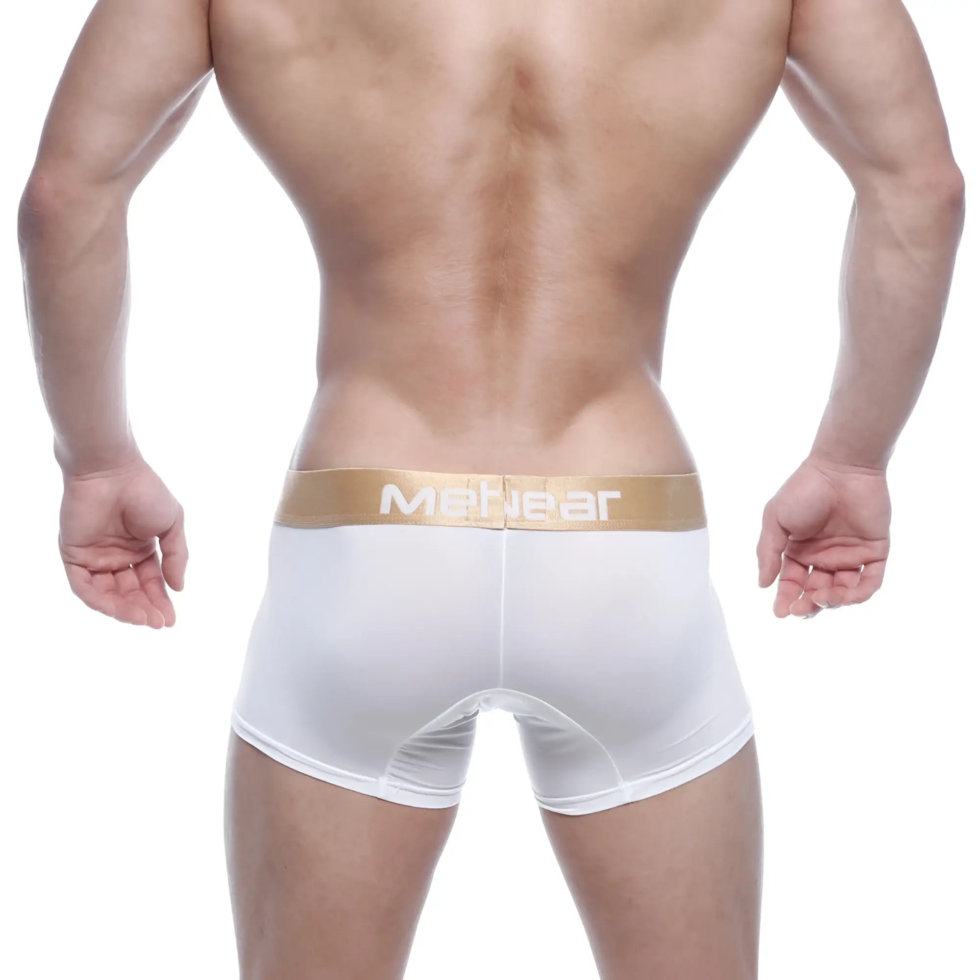 White men’s briefs with a gold waistband featuring the menwear logo in white from metromalewear fresh short boxer 7 2022-01