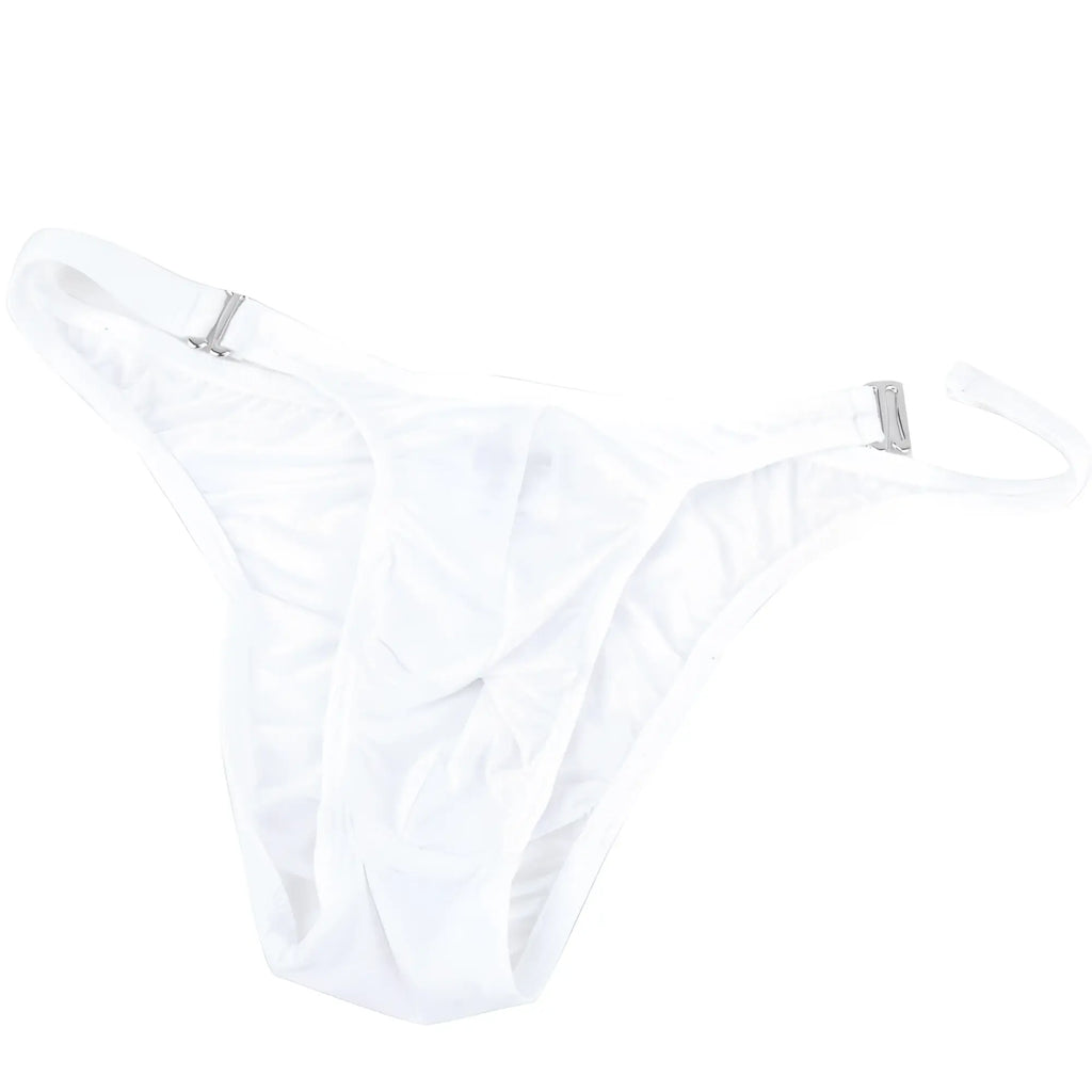 White metroMalewear fria thong made of smooth stretchy fabric with silver-toned metal clasps at the sides