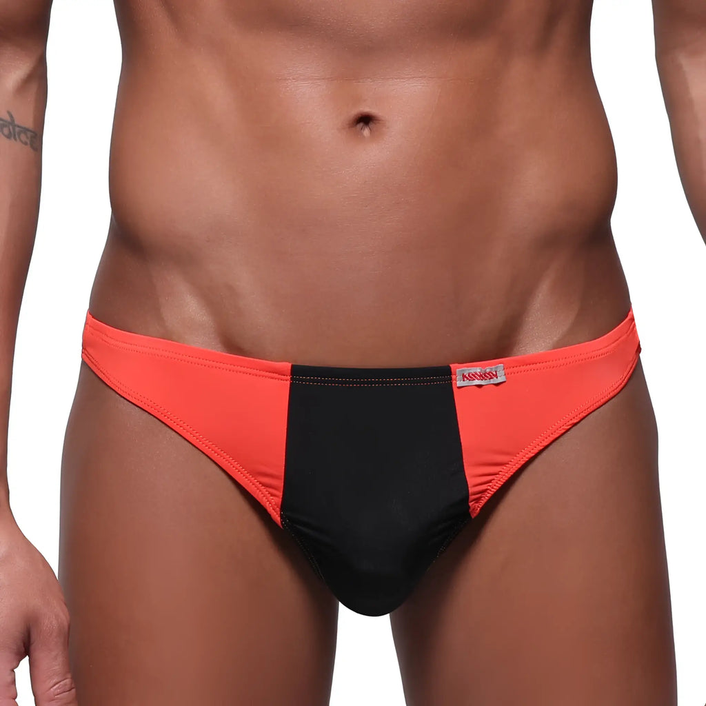 MetroMaleWear fun g coral 6202-14 orange and black two-tone briefs with a red brand tag on the waistband