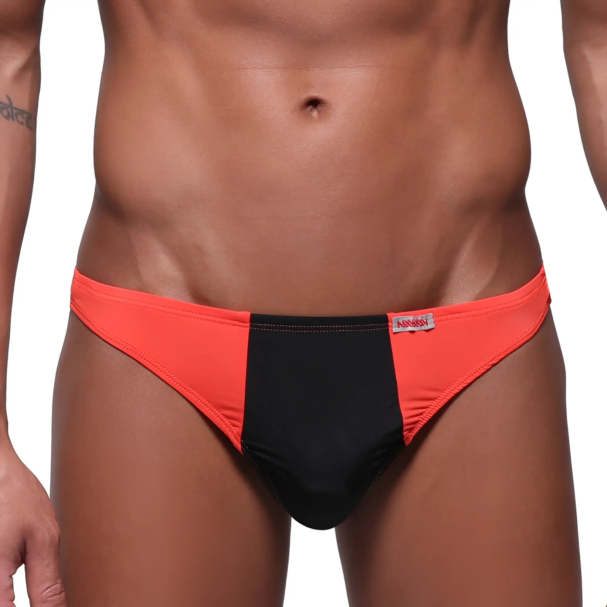 MetroMaleWear fun g coral 6202-14 orange and black two-tone briefs with a red brand tag on the waistband