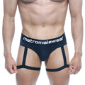 Black metromalewear garter hip brief with a supportive strappy design in comfortable fabric front view