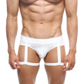 White mens briefs metroMalewear garter hip brief 5103-22 with sheer mesh panel and three vertical straps in white