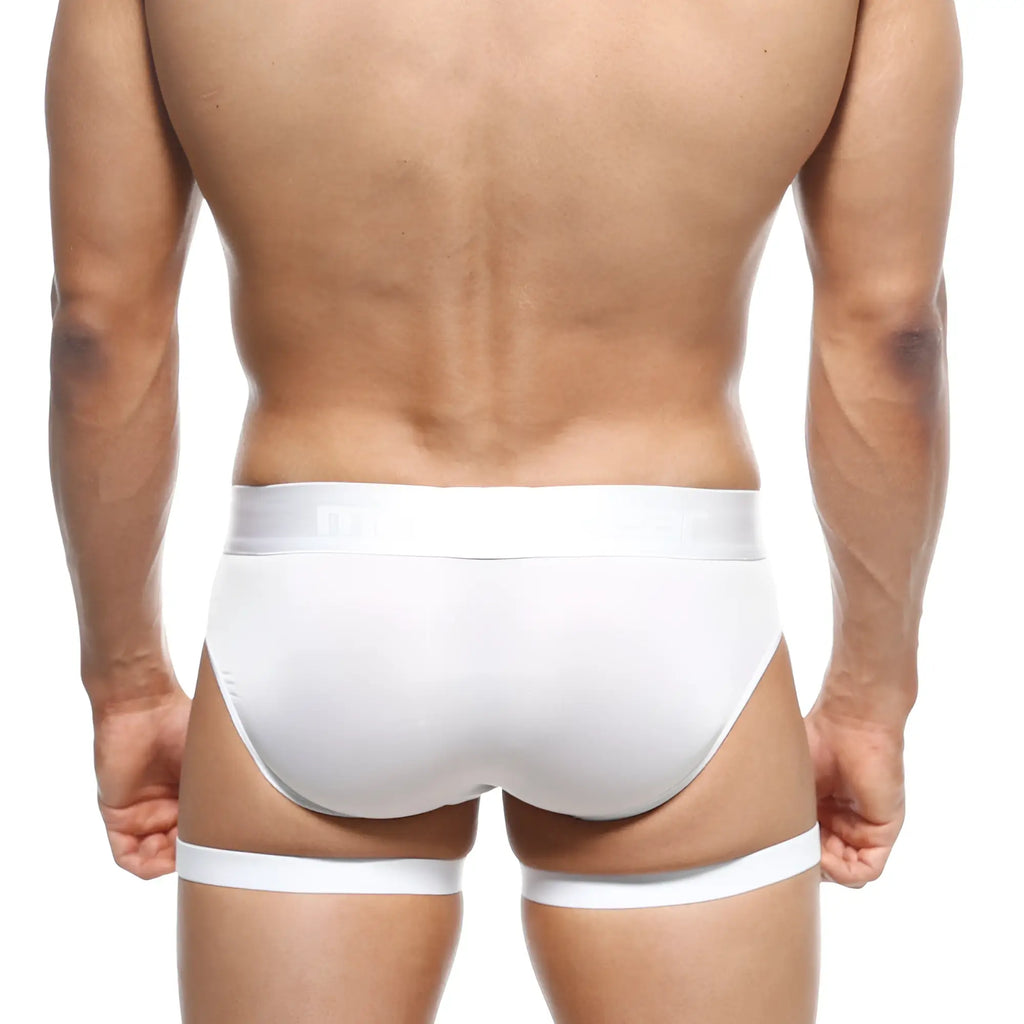 MetroMaleWear garter hip brief white 5103-22 smooth form-fitting white briefs with matching white leg bands front view