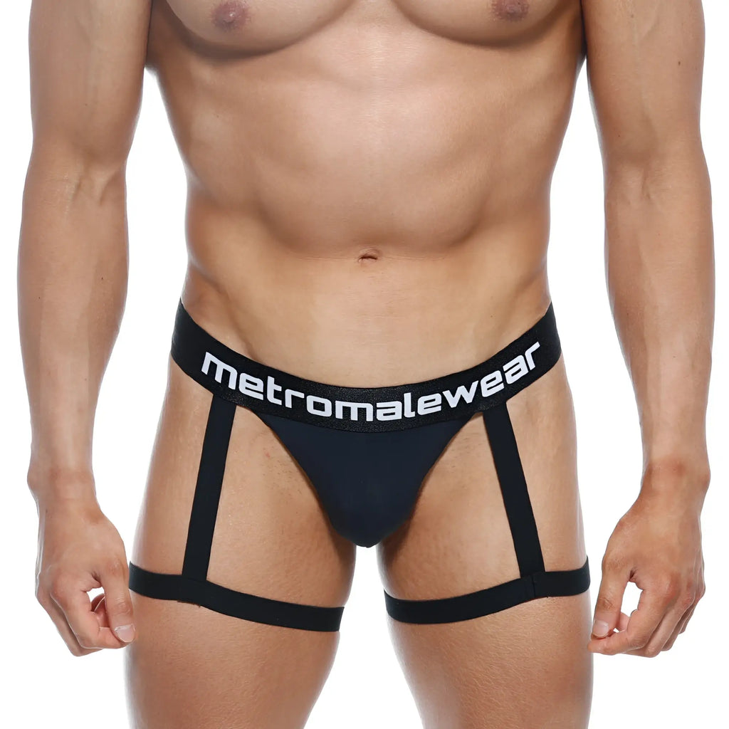 Black metromalewear garter thong briefs with a supportive strappy design shown from the back side