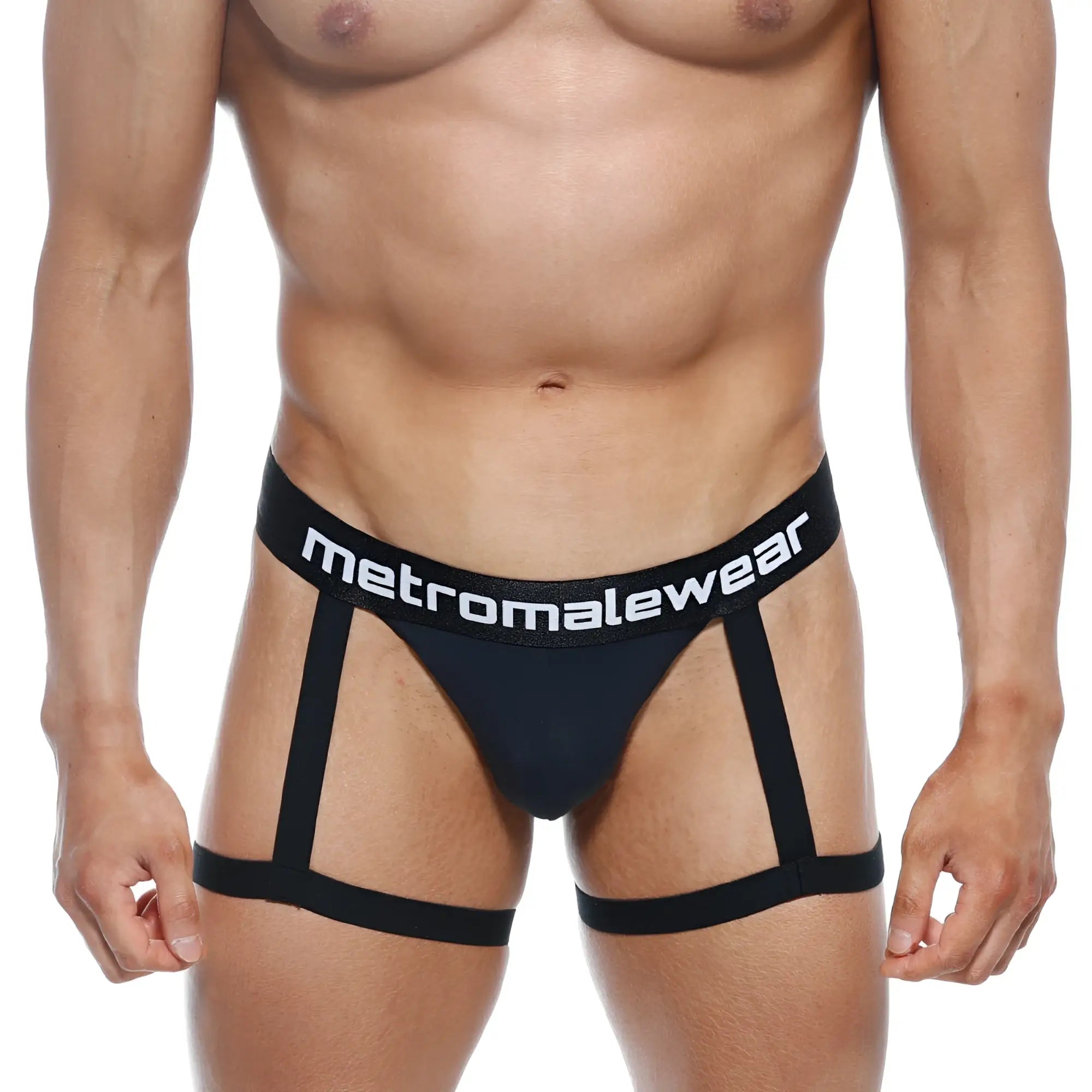 Black metromalewear garter thong briefs with a supportive strappy design shown from the back side