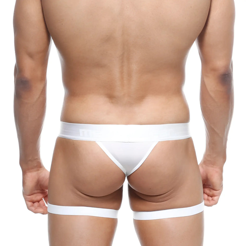 White metroMalewear garter thong briefs with matching leg straps designed for a bold and stylish look