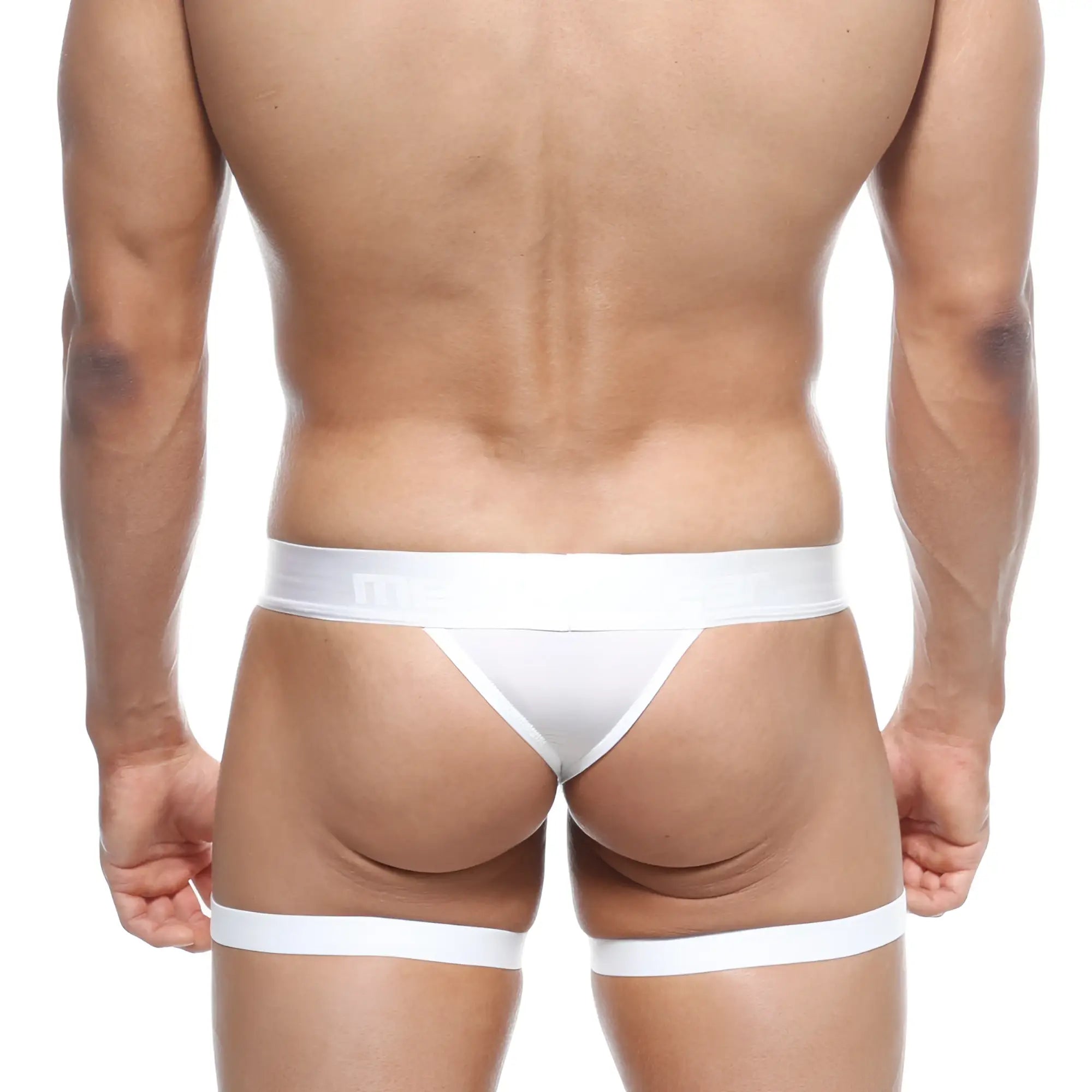 White metroMalewear garter thong briefs with matching leg straps designed for a bold and stylish look