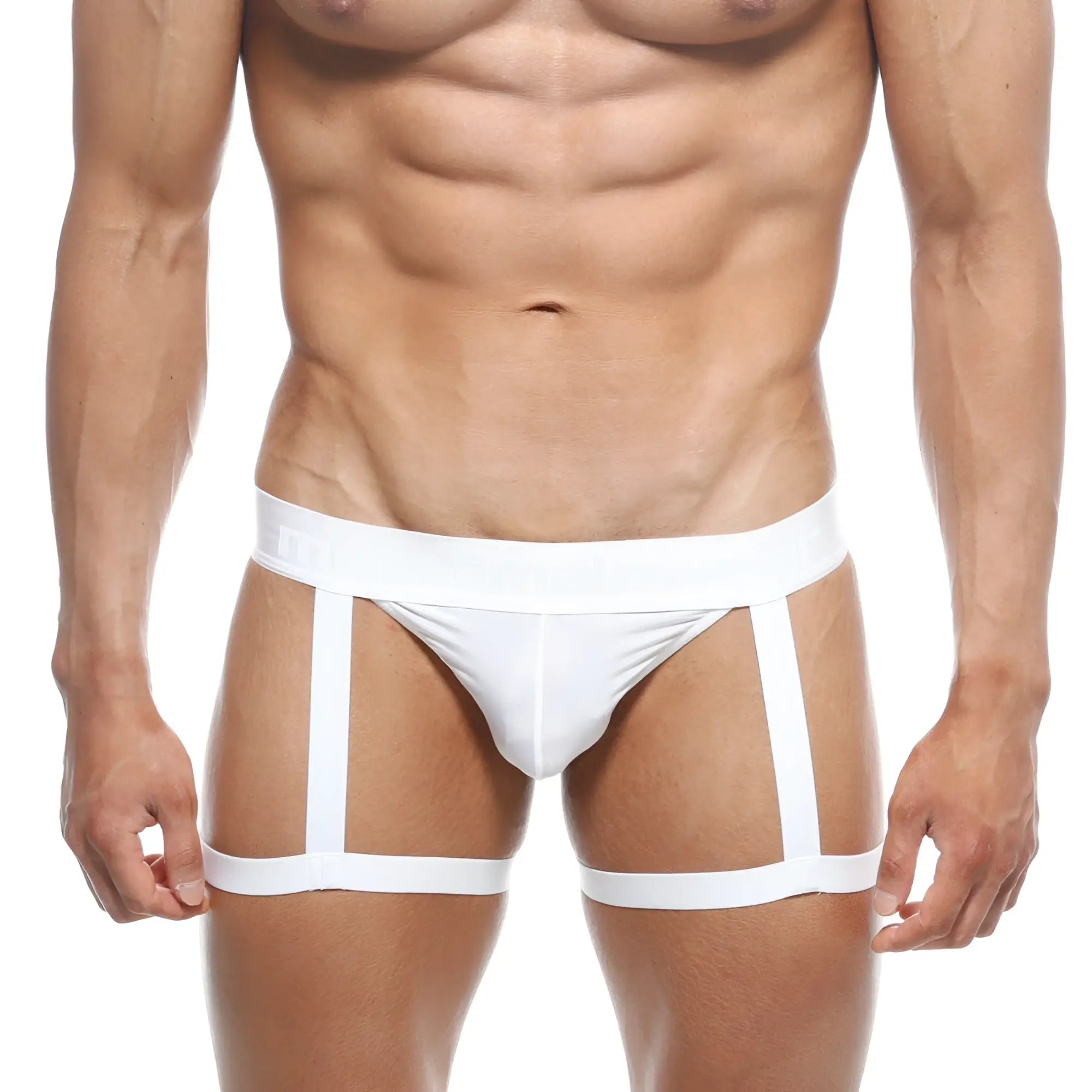 Metro malewear garter thong white briefs with supportive design and three vertical straps for added structure