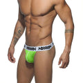 MetroMaleWear genesis thong neon green mesh briefs with white elastic waistband and black lettering front side view