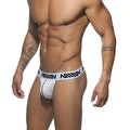 White mesh briefs with a black logo band by metromalewear in the genesis thong white 0022-00 design