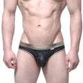Metro malewear gloss bikini gold 2803-50 black leopard print mesh briefs with metallic gold waistband front view