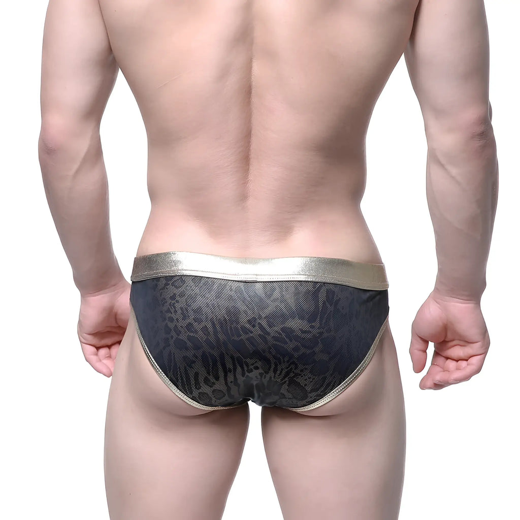 Black leopard-print swim trunks with metallic gold trim by metromalewear gloss bikini gold 2803-50