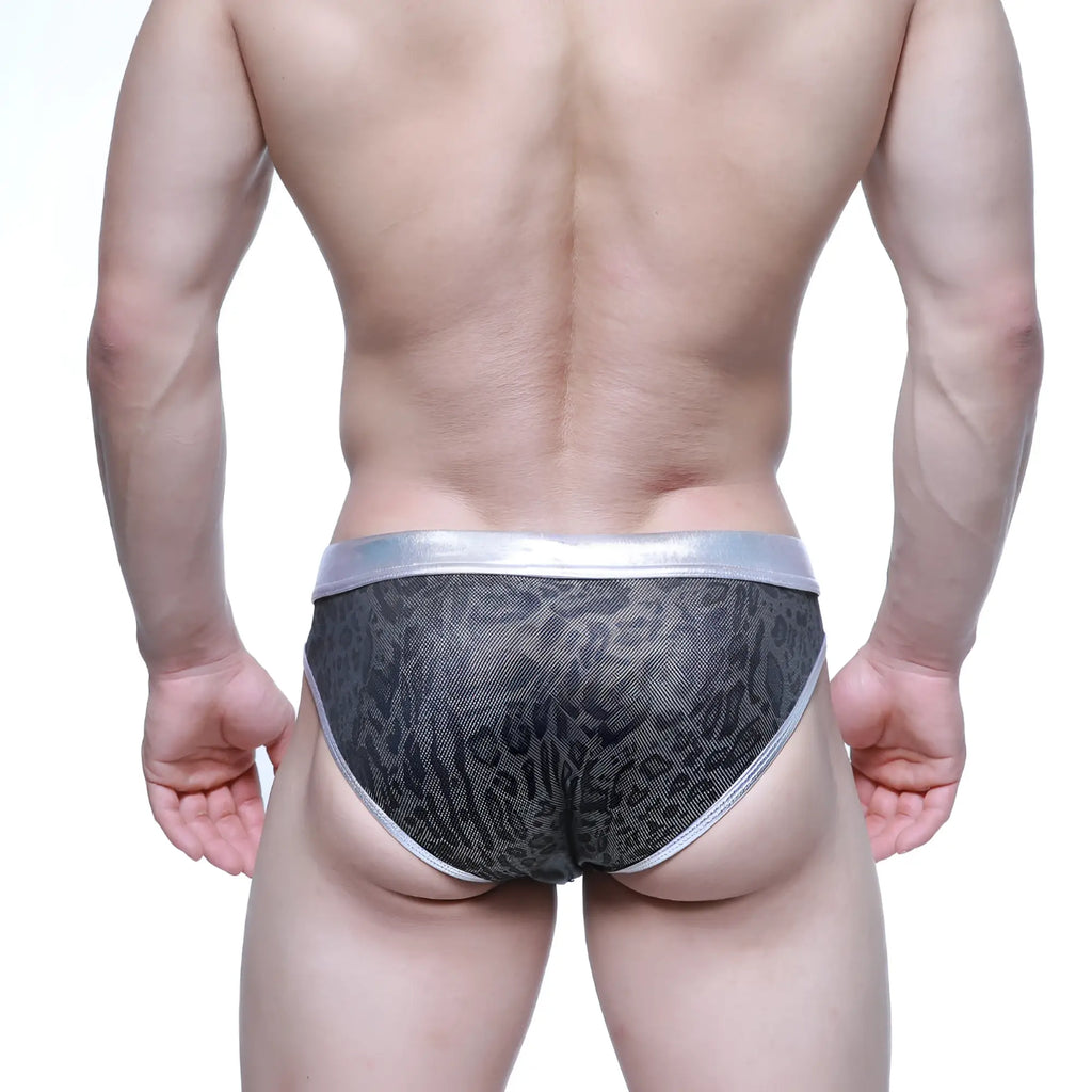 MetroMaleWear gloss bikini silver gray patterned briefs with metallic silver waistband and trim for stylish comfort