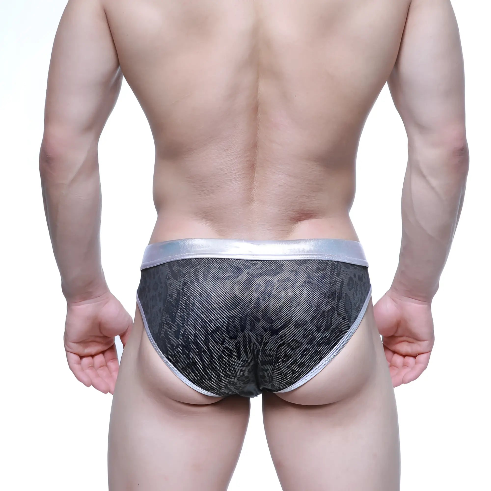 MetroMaleWear gloss bikini silver gray patterned briefs with metallic silver waistband and trim for stylish comfort