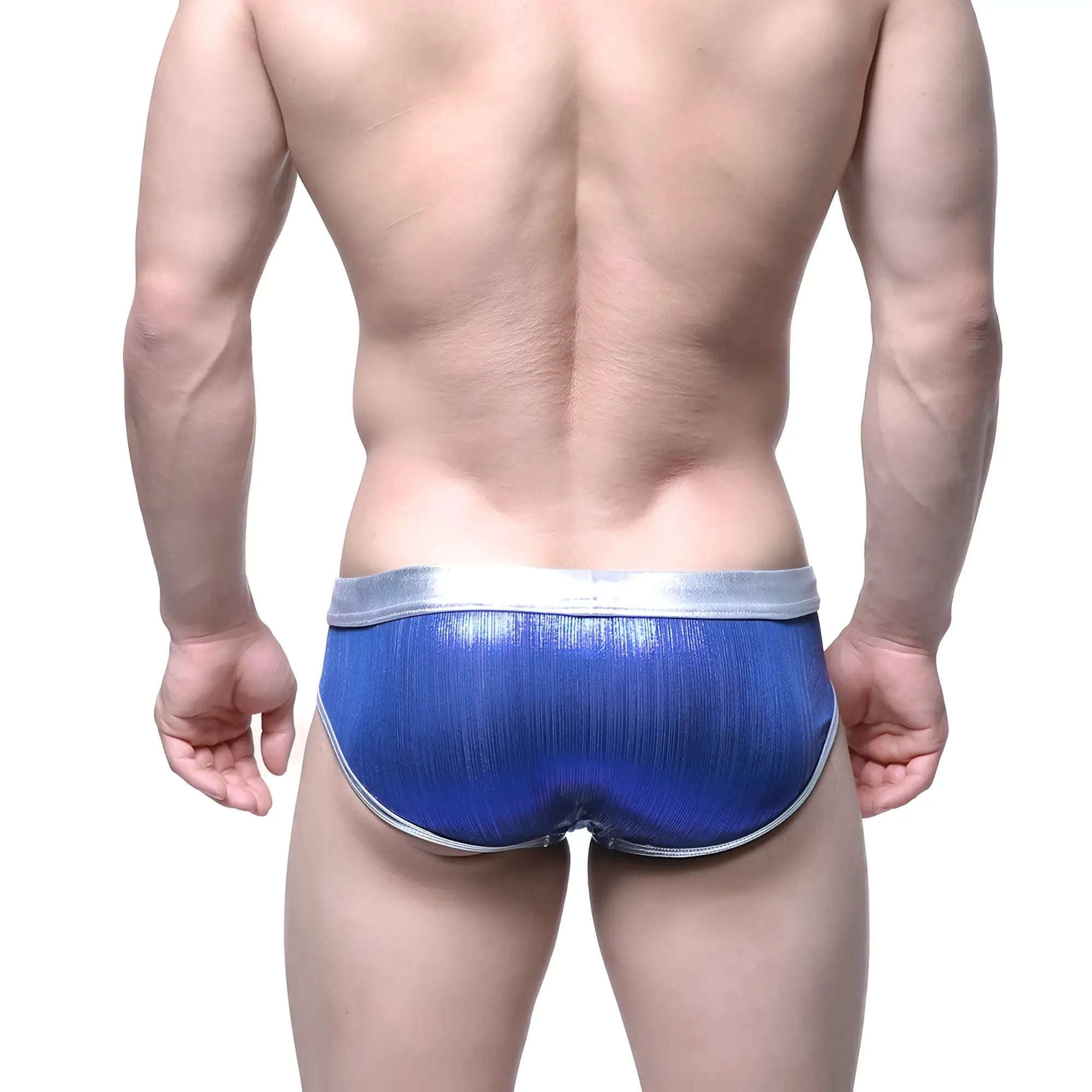 MetroMaleWear gloss brief royal blue metallic fabric with silver waistband and trim for stylish men’s underwear