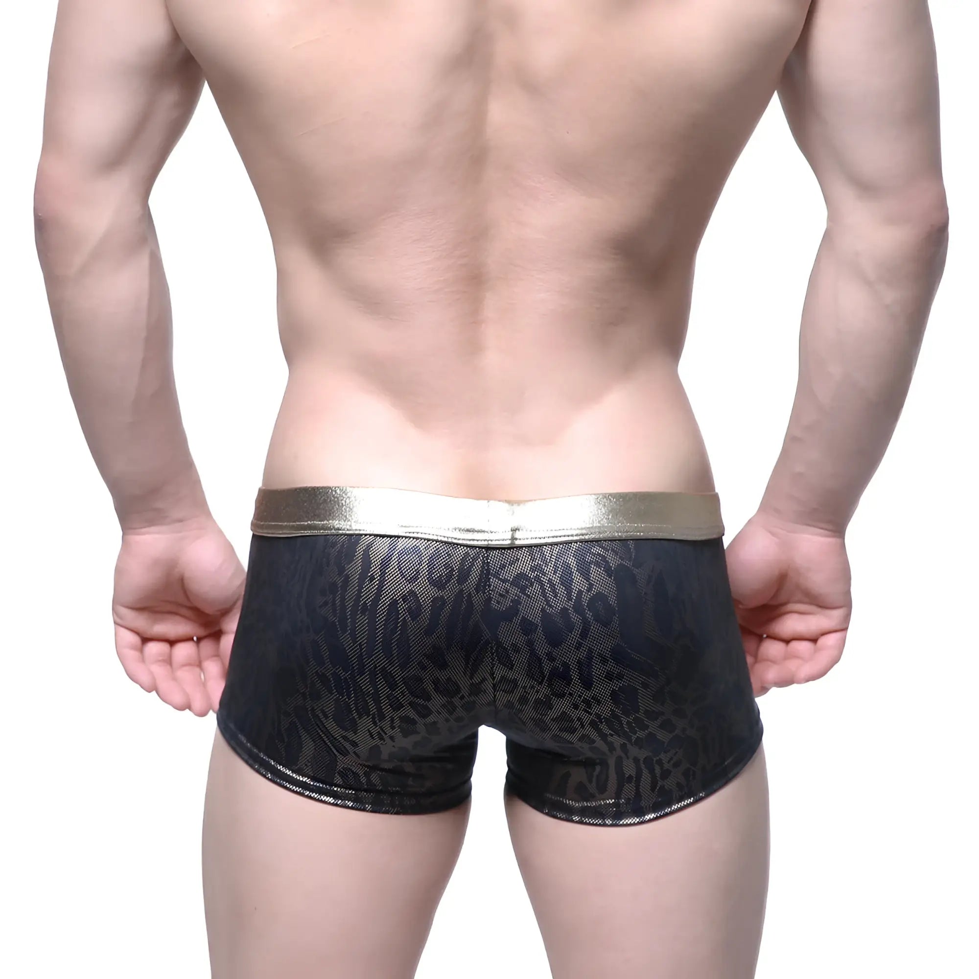 Black leopard-print briefs with a shiny gold waistband metroMalewear gloss trunk gold 2026-78