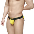 Bright yellow MetroMaleWear Goldmine bikini briefs with black waistband and gold lettering in athletic style