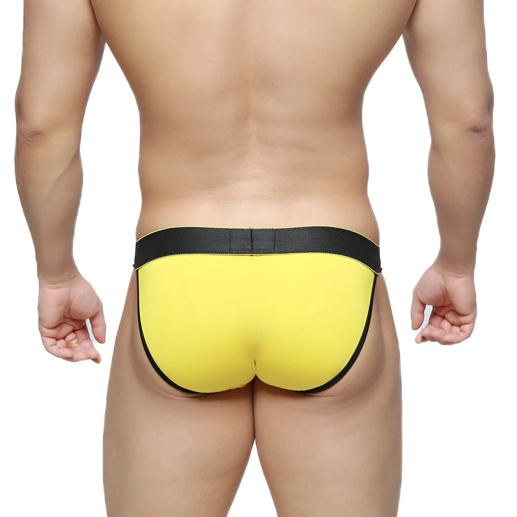 Bright yellow briefs with black elastic waistband and trim from metromalewear goldmine bikini 3004-80 collection