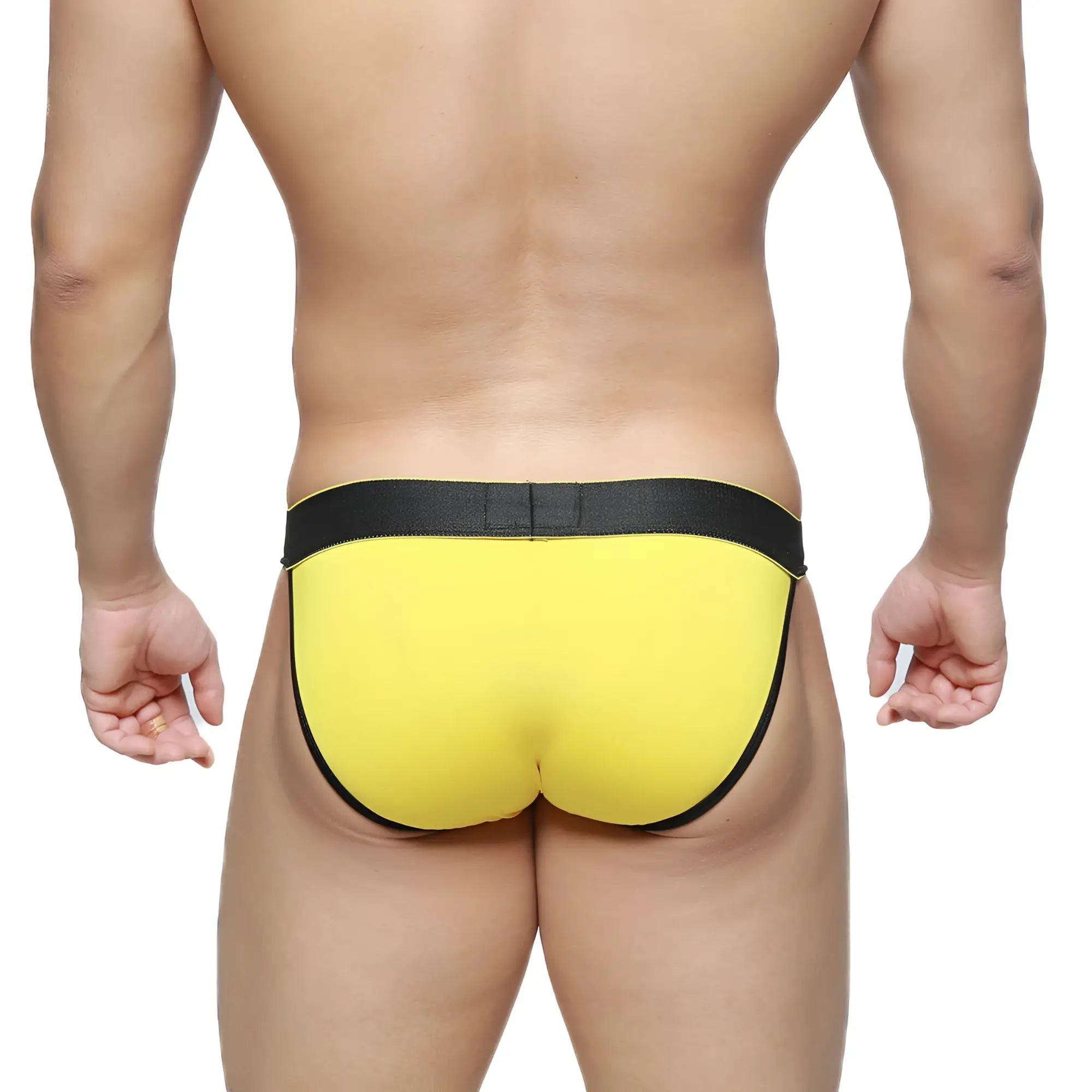 Bright yellow briefs with black elastic waistband and trim from metromalewear goldmine bikini 3004-80 collection