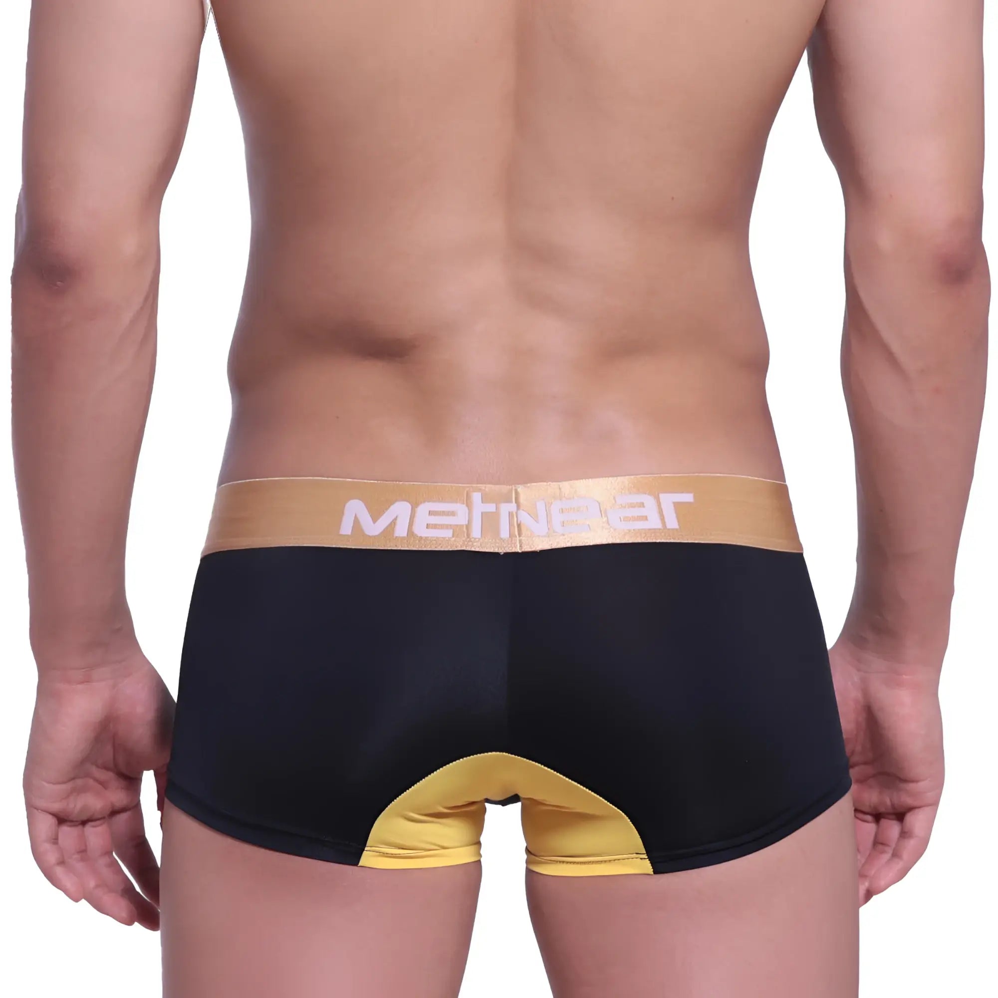 Black and gold MetroMaleWear Goldmine short boxer 7 inch 2022-C20 mens briefs with contrasting yellow back panel
