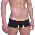 Black men’s briefs with a gold metromalewear waistband and yellow leg accents metroMalewear goldmine short boxer 7inch