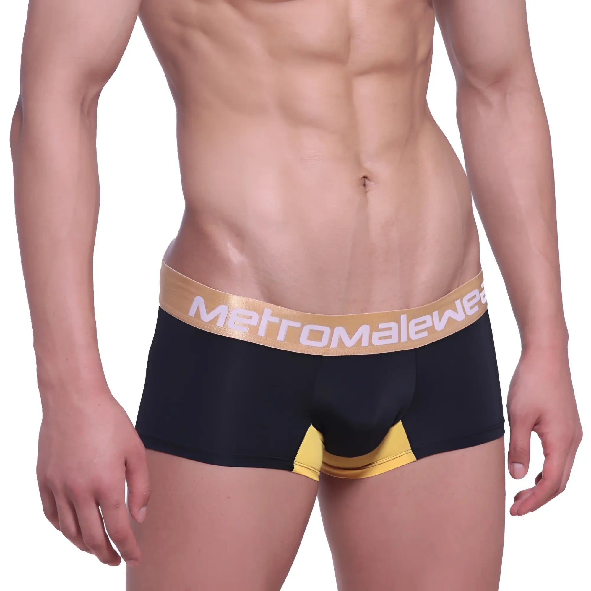 Black men’s briefs with a gold metromalewear waistband and yellow leg accents metroMalewear goldmine short boxer 7inch