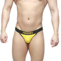 Bright yellow athletic MetroMaleWear Goldmine thong with black waistband and gold lettering designed for comfort and style