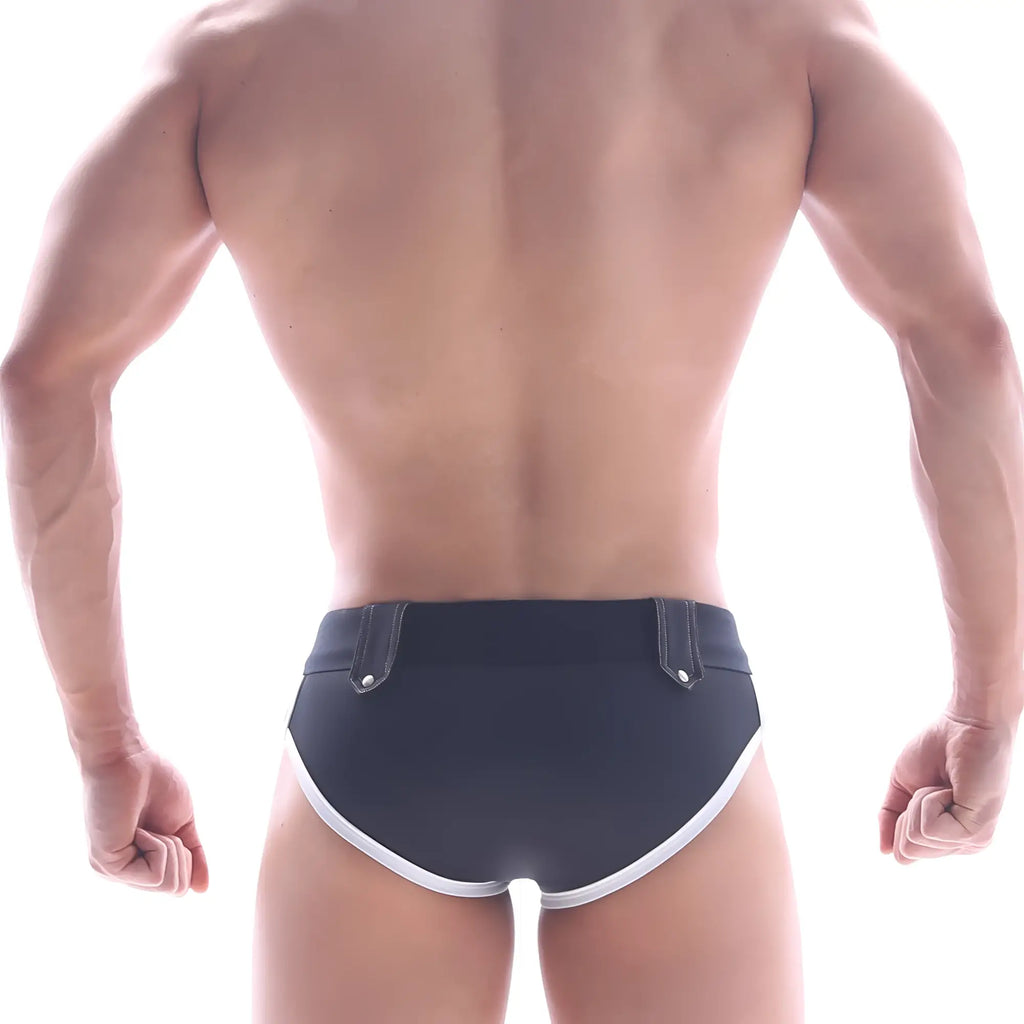MetroMaleWear Gothic swim brief black with white trim and silver-toned belt loops for stylish swimwear use
