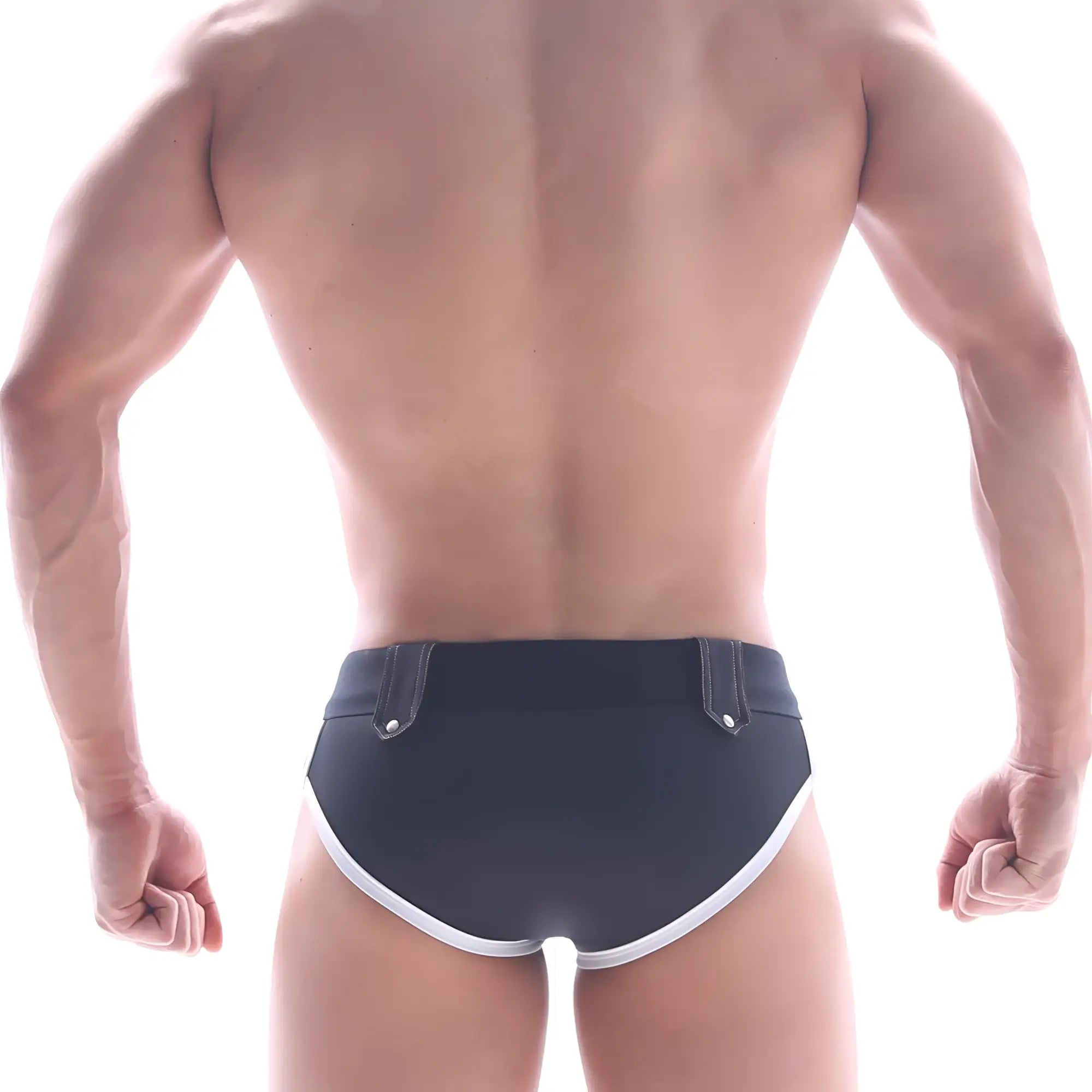 MetroMaleWear Gothic swim brief black with white trim and silver-toned belt loops for stylish swimwear use