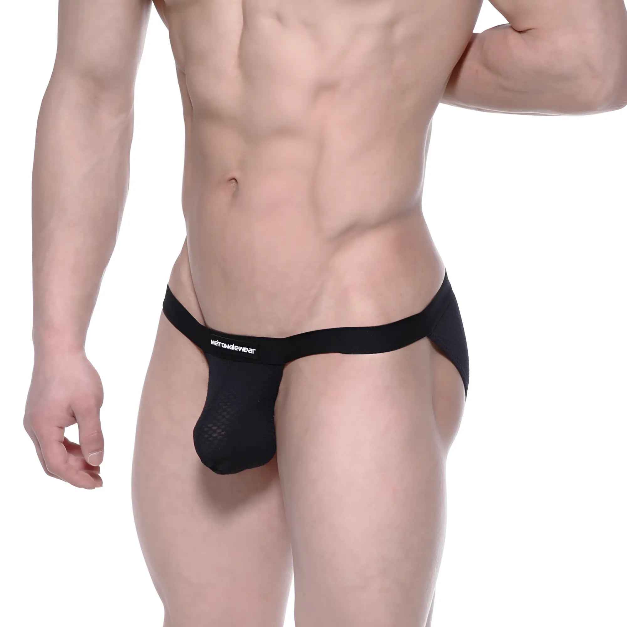 Black mesh jockstrap with solid waistband featuring nerowear logo from metromalewear grabit bikini 3105-70