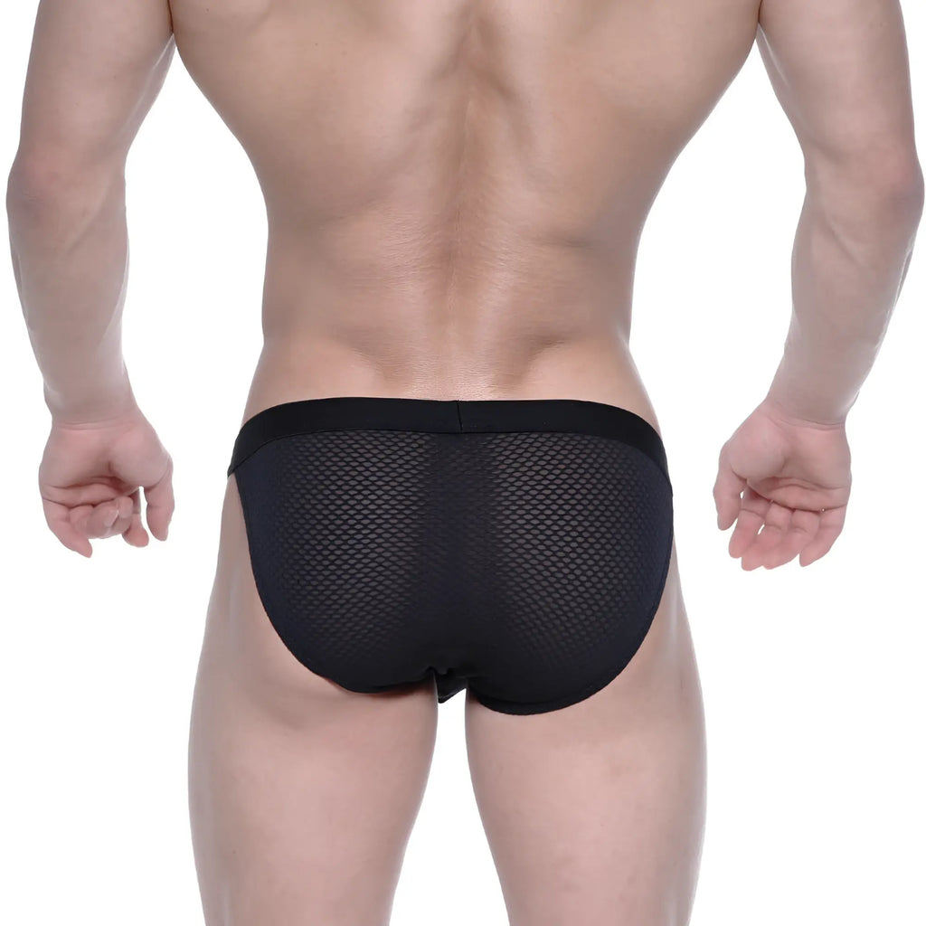 Black mesh briefs with a solid waistband by metromalewear grabit bikini 3105-70 in black mesh material
