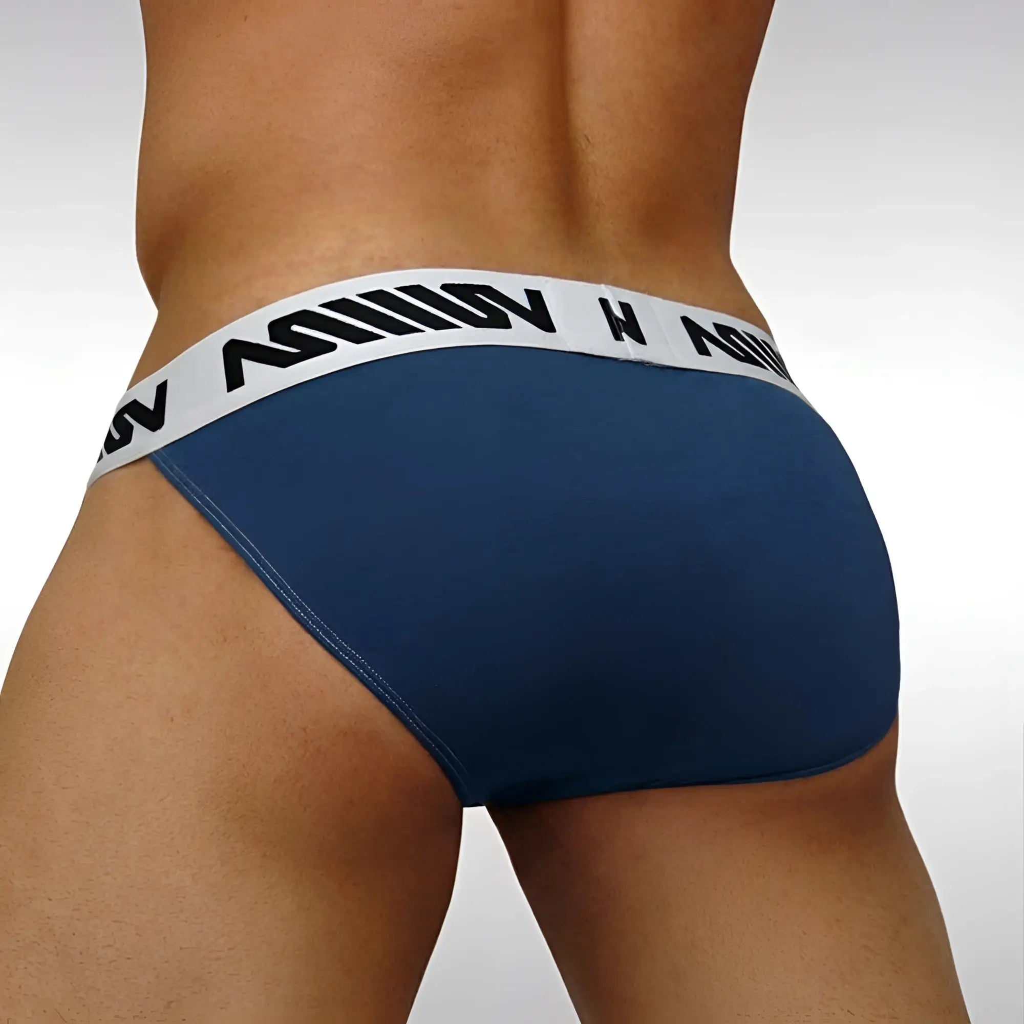 MetroMaleWear Grabit bikini briefs in navy blue with white elastic waistband featuring black lettering
