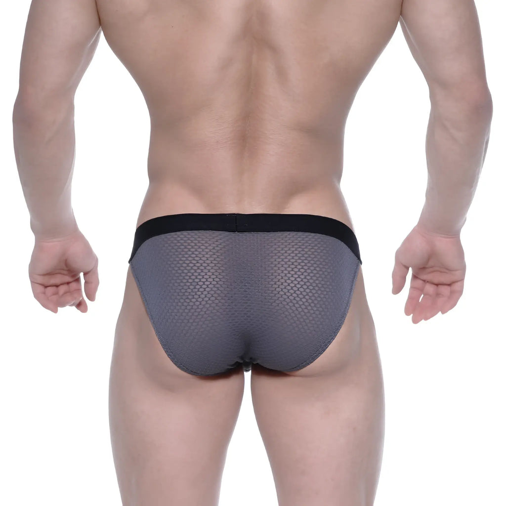 Gray mesh briefs with black elastic waistband from metromalewear grabit bikini 3105-72 showing front view