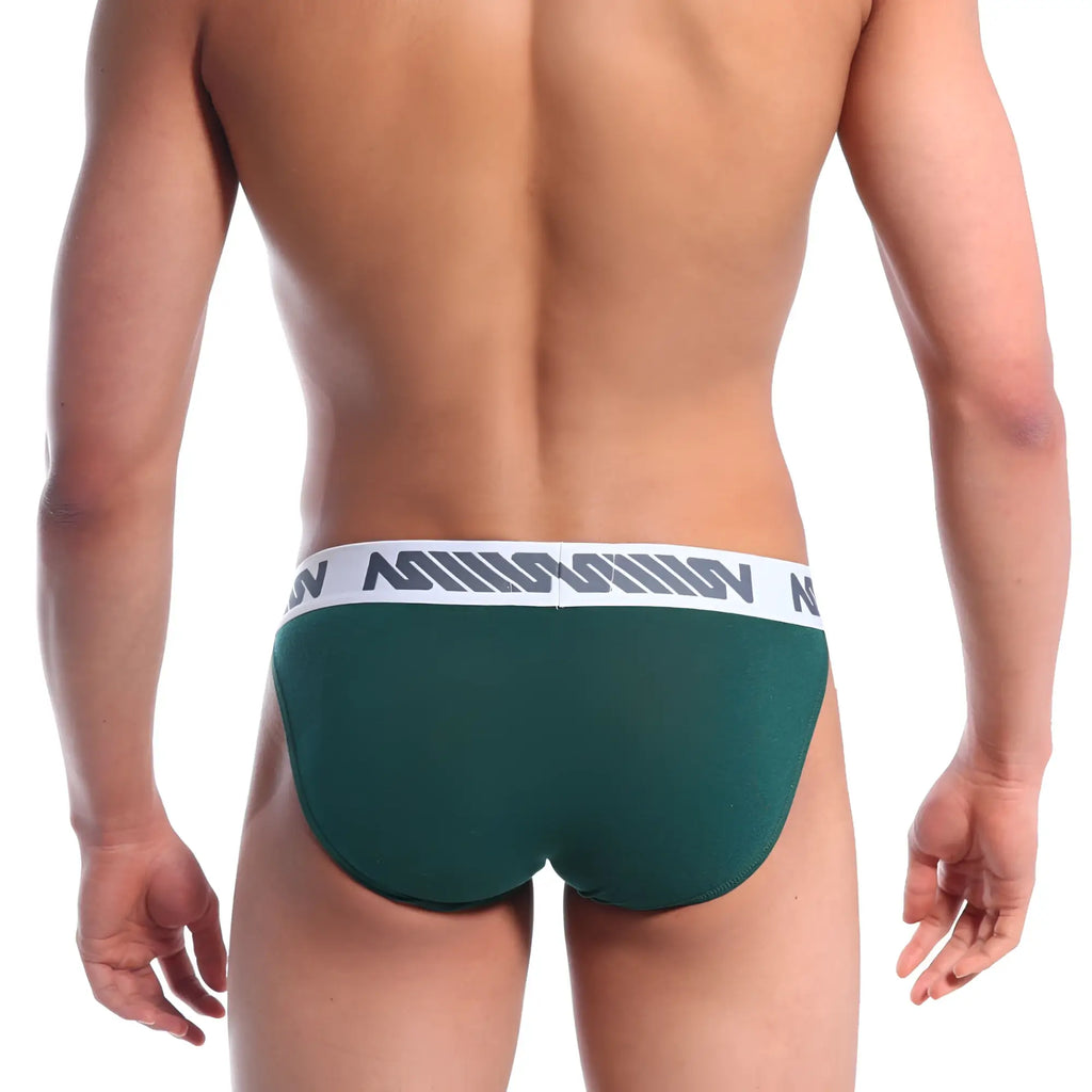 Dark green athletic briefs metro malewear grabit bikini with white elastic waistband featuring gray logo pattern