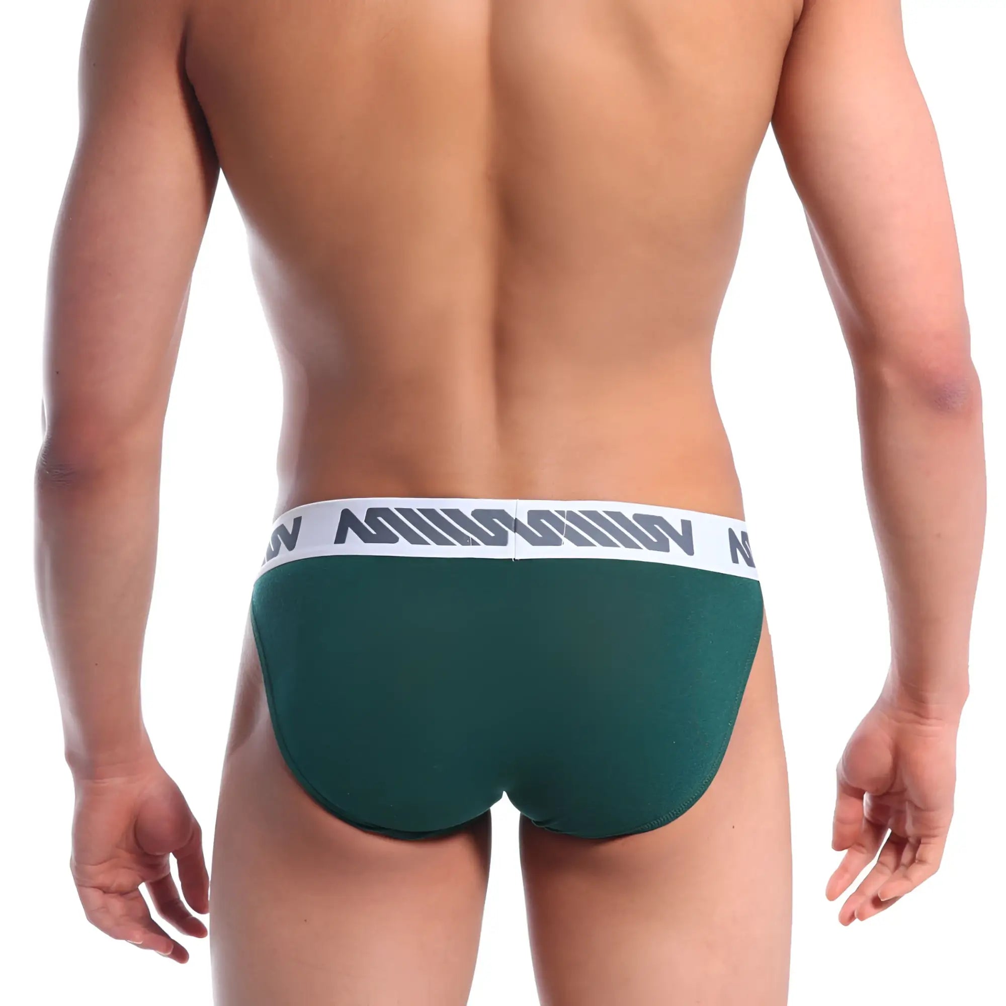 Dark green athletic briefs metro malewear grabit bikini with white elastic waistband featuring gray logo pattern