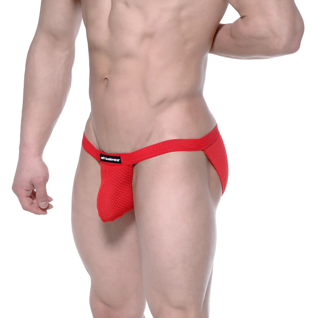 Red mesh jockstrap by metro malewear with black brand label lightweight breathable bikini underwear