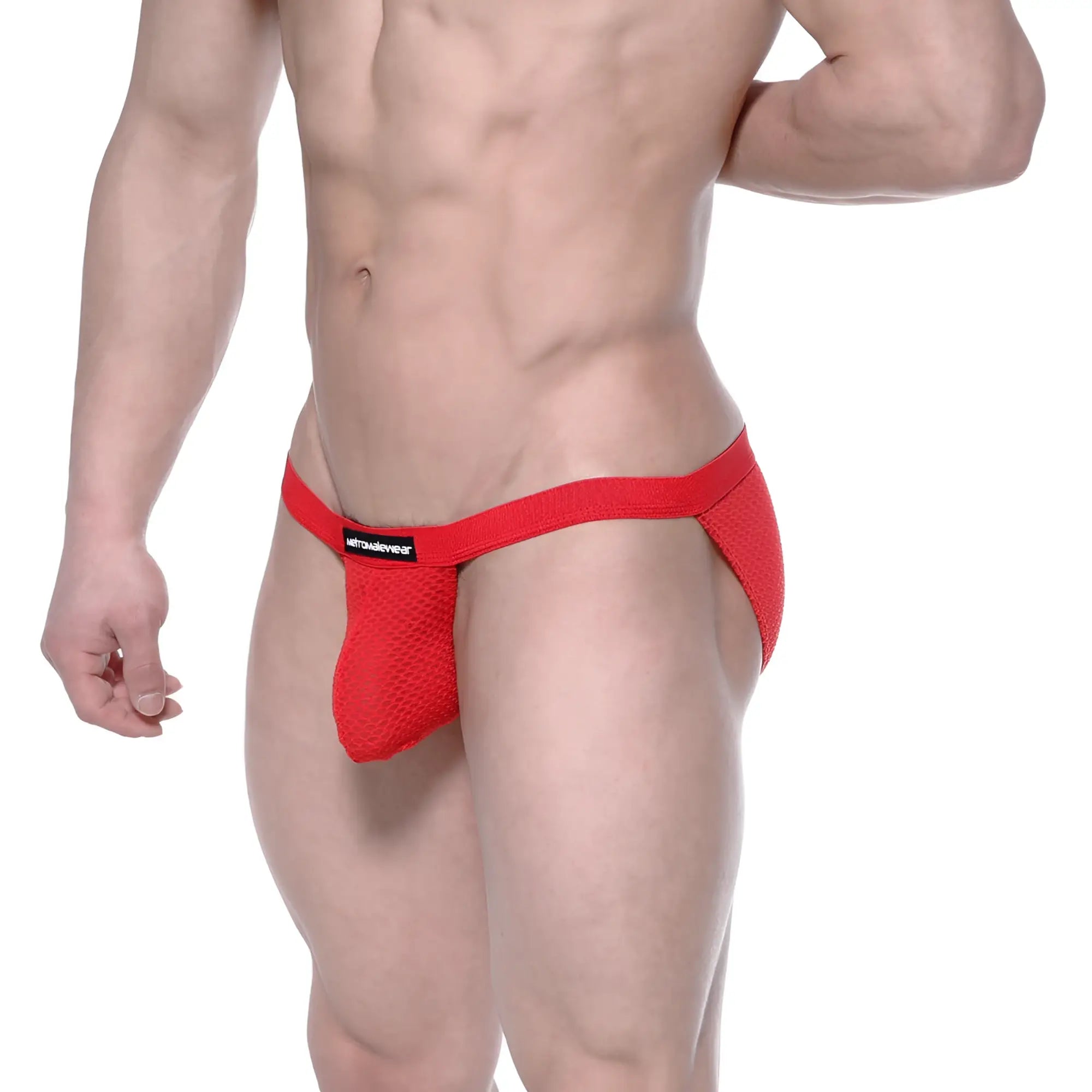 Red mesh jockstrap by metro malewear with black brand label lightweight breathable bikini underwear
